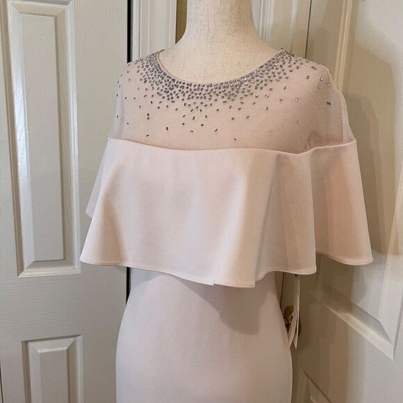 NWT Calvin Klein Full Length Stretch Crepe Beaded Cape Gown Dress Blush Pink 8 - Picture 3 of 8